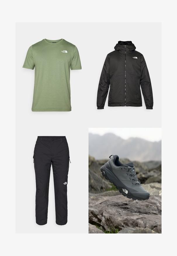 Svart The North Face hettegenser med frontglidelås, elastiske mansjetter, og logo på øvre venstre bryst mot en hvit bakgrunn.; Oliven grønn t-skjorte med korte ermer laget av myk stoff. Har rund hals og en hvit logo på venstre bryst. Glatt tekstur hele veien.; The North Face WINTER EXPLORATION TAPERED CARGO  - Friluftsbukser - black; Grå terrengløpesko med en teksturert overdel, slitesterk gummisåle og forsterket tåhette. Inkluderer snørebånd og merkevarelogo på siden.