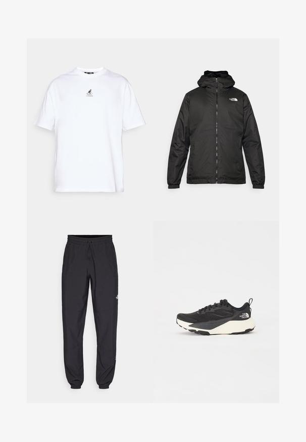Melnā The North Face kapuce jaka ar priekšējo rāvējslēdzēju, elastīgām piedurknēm un logo augšējā kreisajā krūtī uz balta fona.; Balta kokvilnas T-kreklu ar apaļu kakla izgriezumu, īsām piedurknēm un melnu kengura logo, kas izvietots uz krūškurvja. Daudzfunkcionāls ikdienas apģērbs.; Melni sporta bikses, kas izgatavotas no viegla auduma, ar savelcamu jostu, sānu kabatām un sašaurinātiem apakšējiem galiem pie potītēm.; Melna sporta kurpe ar teksturētu acs augšdaļu, cietiem melniem akcentiem un balto vieglo zoli. Iekļauj šņorēšanas aizdari un vilkšanas cilpu.