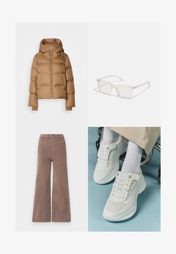 Brun polstret vinterjakke med høy krage, frontglidelås, sidelommer og ribbede mansjetter på ermene, vist på hvit bakgrunn.; Hvit T-skjorte med kort erm laget av myk bomull. Har rund hals og avslappet passform. Rent design uten synlige mønstre eller aksenter.; Brune cordfløyels bukser med vid ben, høy midje, med knappelukking, to baklommer og vertikal ribbestruktur.; Hvite sneakers med mesh-materiale, gummisåle, snøret design uten laces og elastiske bånd, samt gulltone detaljer.; Klare plastiske briller med kvadratisk innfatning og gjennomsiktige linser, med gullfiner på brillestengene for ekstra detalj.