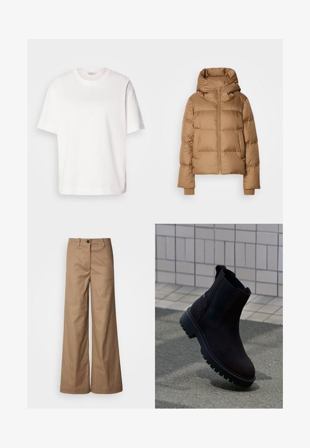 Burna podložena zimska jakna z visokim ovratnikom, zadrgo na sprednji strani, stranskimi žepi in rebrastimi manšetami na rokavih, prikazana na belem ozadju.; Bela bombažna majica s kratkimi rokavi, okroglo izrezana, sproščenega kroja in gladke teksture; brez vzorcev ali vidne strojne opreme.; Hlače širokih nogavica iz gladkega, svetlo rjavega materiala. Imajo sprednje zapiranje na gumb, pasne zanke in stranske žepe. Čiste linije brez vidnih vzorcev.; Rjave usnjene gležnjarje z črnimi elastičnimi stranskimi paneli in debelim, trdim podplatom. Opazno šivanje ob robovih.