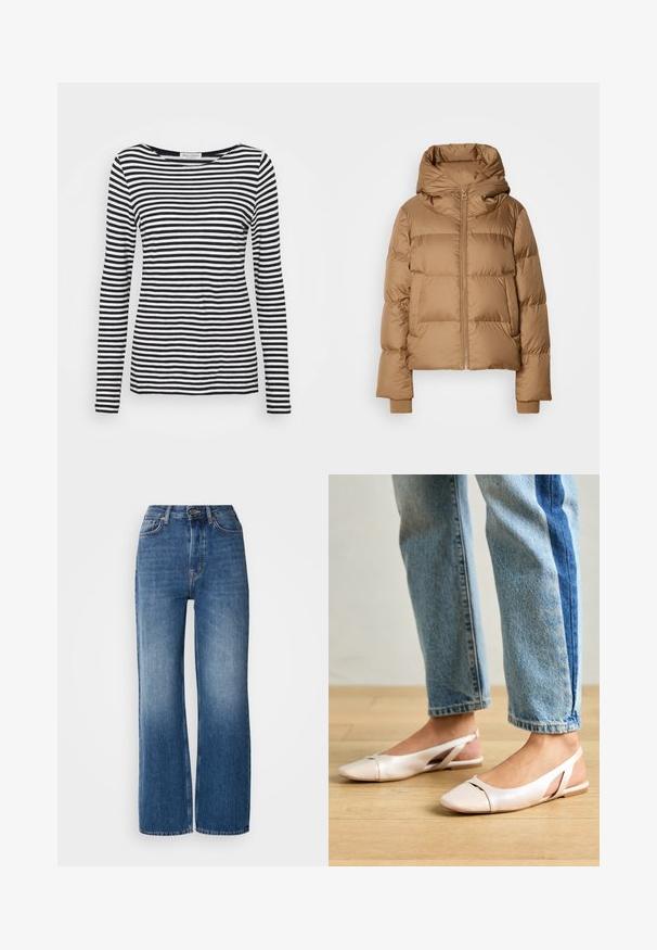 Barna párnázott téli dzseki magas gallérral, elöl cipzárral, oldalsó zsebekkel és bordázott mandzsettával, fehér háttér előtt bemutatva.; Hosszú ujjú, kerek nyakú póló fekete és fehér csíkos mintával. Puha anyagból készült, normál szabással. Letisztult, minimalista dizájn.; Magas derekú, bő szárú kék farmernadrág, átmenetes mosással, réz varrással, elülső gombos záródással és öt zsebével.; Világos rózsaszín slingback laposlábú cipők, hegyes orral, sima bőrhatású anyagból készült. Oldalt kivágott részletek találhatók rajta, valamint lapos sarkú.