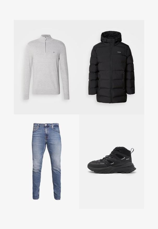 Black puffer jacket with a zipper front, a drawstring hood, quilted pattern, and branded logo on the left chest. Features side pockets.; Gray pullover sweater with a high collar and half zipper. Features a textured fabric and a small logo on the chest. Long sleeves.; Blue slim-fit jeans with five pockets, faded wash, button closure, and belt loops, displayed against a white background.; Black hiking shoes featuring a layered design, textured fabric, and rubber sole, with reinforced areas and a lace-up front.