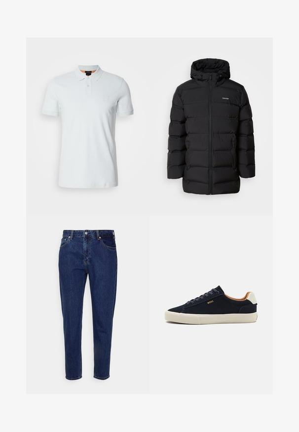 Černá péřová bunda se zipem vpředu, kapucí na šňůrku, prošívaným vzorem a logem značky na levé hrudi. Obsahuje boční kapsy.; Světle modrá polo tričko vyrobené z měkké bavlny, s klasickým límcem, dvouknoflíkovou légou a malým vyraženým logem na hrudi.; Tmavě modré džíny z denimu s rovným střihem, pěti kapsami a zapínáním na knoflík. Obsahují jemné vyblednutí a detaily šití.; Navy semišové nízké tenisky s béžovou podrážkou, kontrastním hnědým interiérem a logem na vnější straně. Vyznačují se kulatými tkaničkami a hladkým povrchem.
