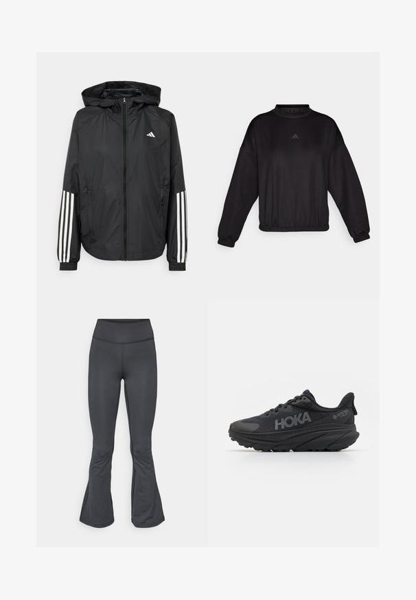 Crna lagana jakna s kapuljačom, s punim zdravo zatvaranjem, elastičnim manžetama i bijelim trostrukim trakama na rukavima.; Crni dukserica dugih rukava s visokim izrezom, s elastičnim manžetama i rubom, napravljena od glatkog materijala, ukrašena suptilnim logom na prsima.; Sive tajice s krojem na zvono, napravljene od glatkog, rastezljivog materijala, s visokim strukom i bešavnom izradom.; Crne trkačke tenisice s mrežastim gornjim dijelom, teksturiranim detaljima i HOKA brandingom. Uključuju debeli, zakrivljeni potplat i Gore-Tex za vodonepropusnost.