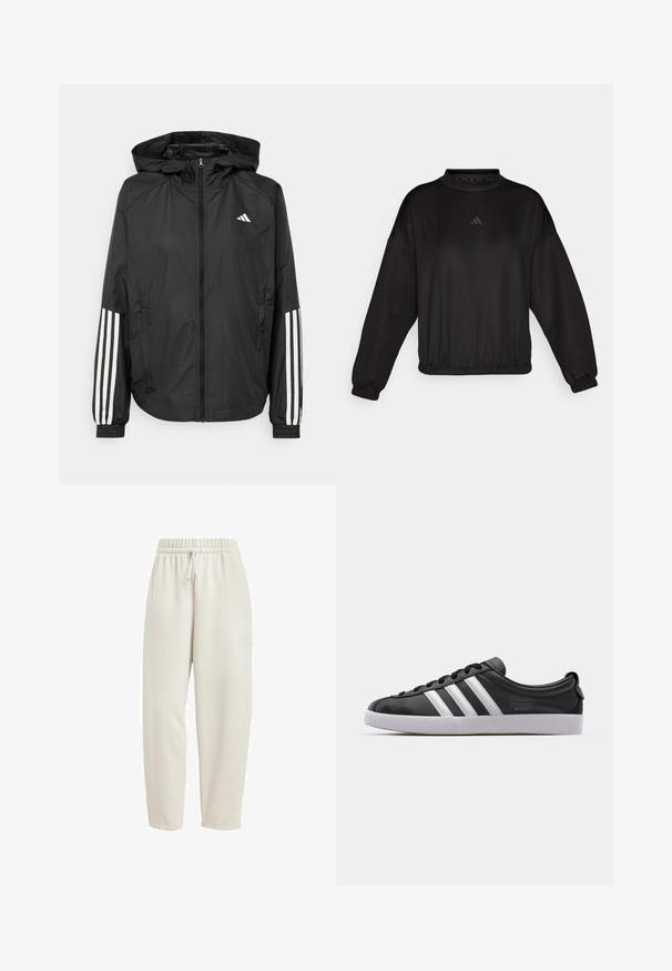 Melnā vieglā jaka ar kapuci, ar pilnu rāvējslēdzēju priekšā, elastīgām aprocēm un baltām trīs svītru akcentiem uz piedurknēm.; Melna garo piedurkņu džemperis ar augstu kakla izgriezumu, aprīkots ar elastīgām piedurknēm un apakšmalu, izgatavots no gludas auduma, rotāts ar smalku logo uz krūtinces.; Gai bēšas sporta bikses, kas izgatavotas no mīkstas auduma, ar elastīgu jostu un auklu, un ar smalku logotipa akcentu sānos.; Melnas ādas sporta kurpes ar baltu trīs svītru dizainu, noapaļota purngala forma, plāns balts gumijas zole un zīmola detaļa sānos.