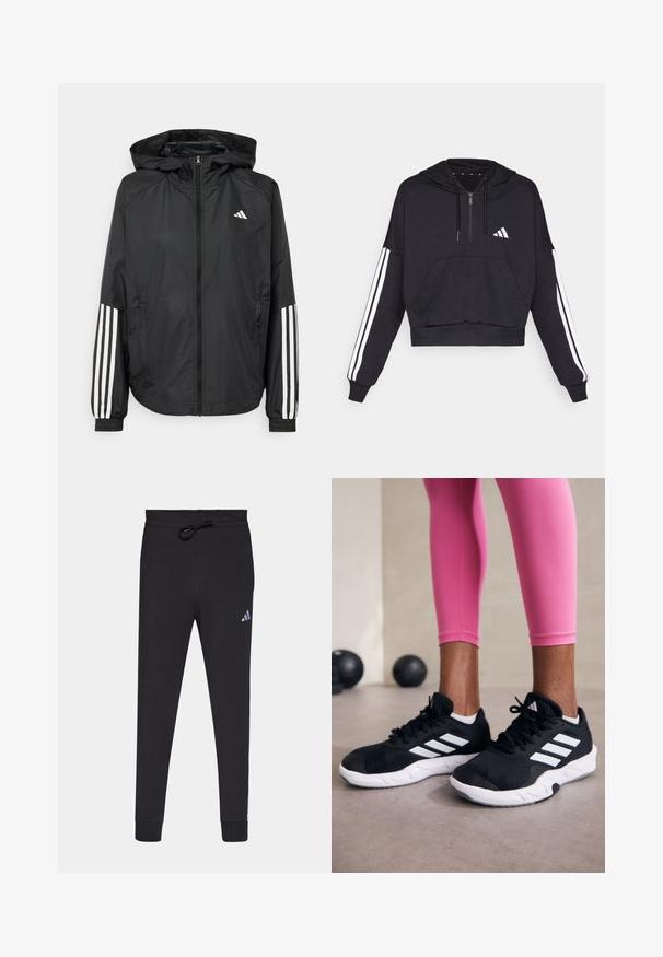 Melnā vieglā jaka ar kapuci, ar pilnu rāvējslēdzēju priekšā, elastīgām aprocēm un baltām trīs svītru akcentiem uz piedurknēm.; Melnā īsā kapuci izgatavota no mīksta auduma, ar priekšējo kabatu, rāvējslēdzēju un baltajām svītrām gar piedurknēm un logo uz krūtīm.; Melnas sporta bikses, kas izgatavotas no mīksta auduma, ar regulējamu jostasvietu, sašaurinātiem galiem un nelielu baltu Adidas logotipu kreisajā augšstilbā.; Melnas sporta kurpes ar baltām svītrām, teksturēta sieta augšdaļa un balta zole. Nēsātas ar rozā legingiem, demonstrējot treniņu apģērbu.