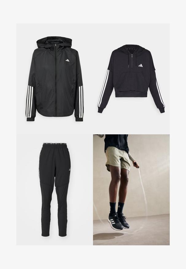 Schwarze, leichte Jacke mit Kapuze, die einen durchgehenden Reißverschluss, elastische Bündchen und weiße dreistreifige Akzente an den Ärmeln aufweist.; Schwarzer, kurz geschnittener Hoodie aus weichem Stoff, mit einer Fronttasche, Reißverschluss und weißen Streifen entlang der Ärmel sowie einem Logo auf der Brust.; Schwarze Laufhose mit schmaler Passform, elastischem Bund mit Logo und weißen Seitenakzenten für bessere Sichtbarkeit. Hergestellt aus feuchtigkeitsableitendem Material.; Schwarze Sportschuhe mit weißen Streifen, olivgrüne Shorts und marineblaue Socken. Ein Springseil befindet sich in den Händen der Person. Neutraler Hintergrund.