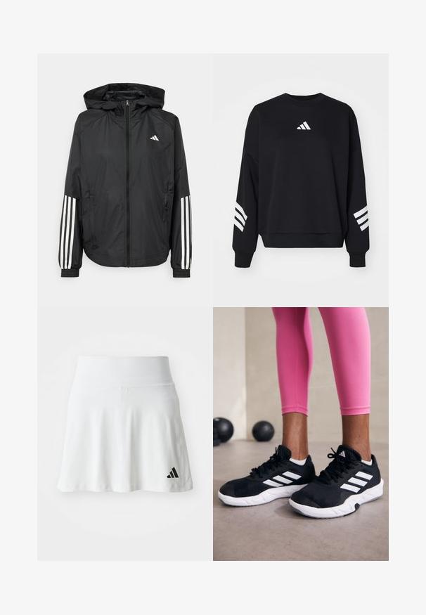 Giacca leggera nera con cappuccio, caratterizzata da una zip frontale completa, polsini elastici e accenti bianchi a tre strisce sulle maniche.; Felpa nera in cotone con scollo rotondo. Presenta un logo bianco sul petto e tre strisce bianche verticali su ciascun manica.; Gonna sportiva bianca con una texture morbida, design svasato e accento del logo Adidas nero in basso a sinistra. Vita liscia ed elastica.; Scarpe da ginnastica nere con strisce bianche, parte superiore in mesh testurizzato e suola bianca. Indossate con leggings rosa, a mostrare abbigliamento per l'allenamento.