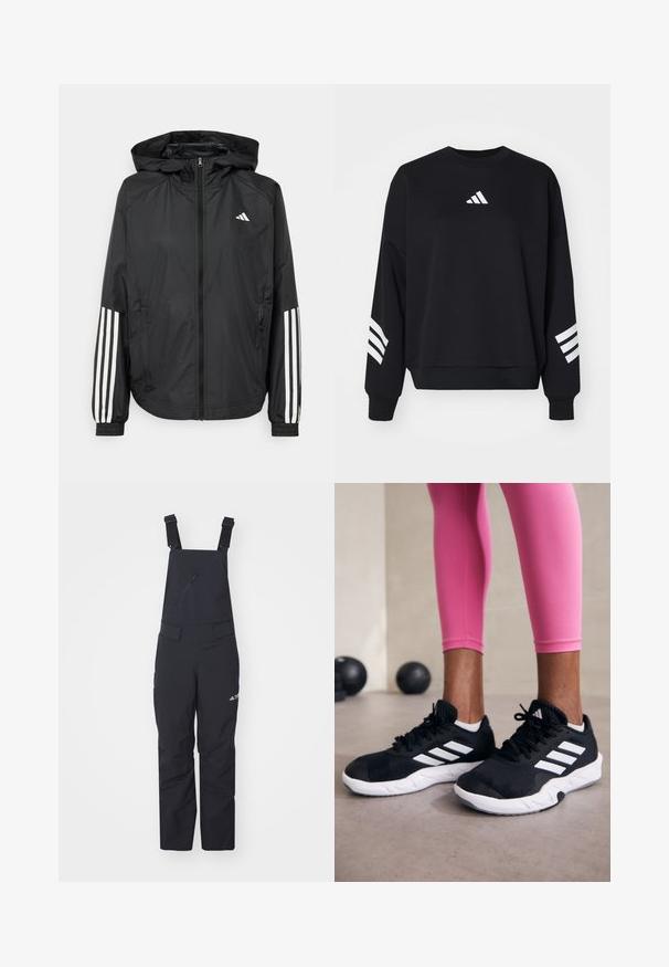 Zwarte lichtgewicht jas met een capuchon, met een volledige ritssluiting aan de voorkant, elastische manchetten en witte accenten met drie strepen op de mouwen.; Zwarte sweatshirt van katoen met een ronde halslijn. Bevat een wit logo op de borst en drie verticale witte strepen op elke mouw.; adidas Terrex XPERIOR TWO-LAYER INSULATED BIB - Skibroek - black white; Zwarte sportschoenen met witte strepen, structuur-mesh bovenwerk en een witte zool. Draagt bij roze leggings, die trainin gskleding laten zien.