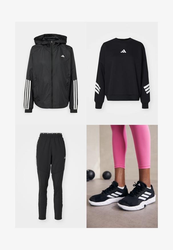 Black lightweight jacket with a hood, featuring a full zip front, elastic cuffs, and white three-stripe accents on sleeves.; Black sweatshirt made of cotton with a round neckline. Features a white logo on the chest and three vertical white stripes on each sleeve.; Black running pants featuring a tapered design, elastic waistband with logo, and white side accents for visibility. Made from moisture-wicking material.; Black athletic shoes with white stripes, textured mesh upper, and a white sole. Worn with pink leggings, showcasing training apparel.