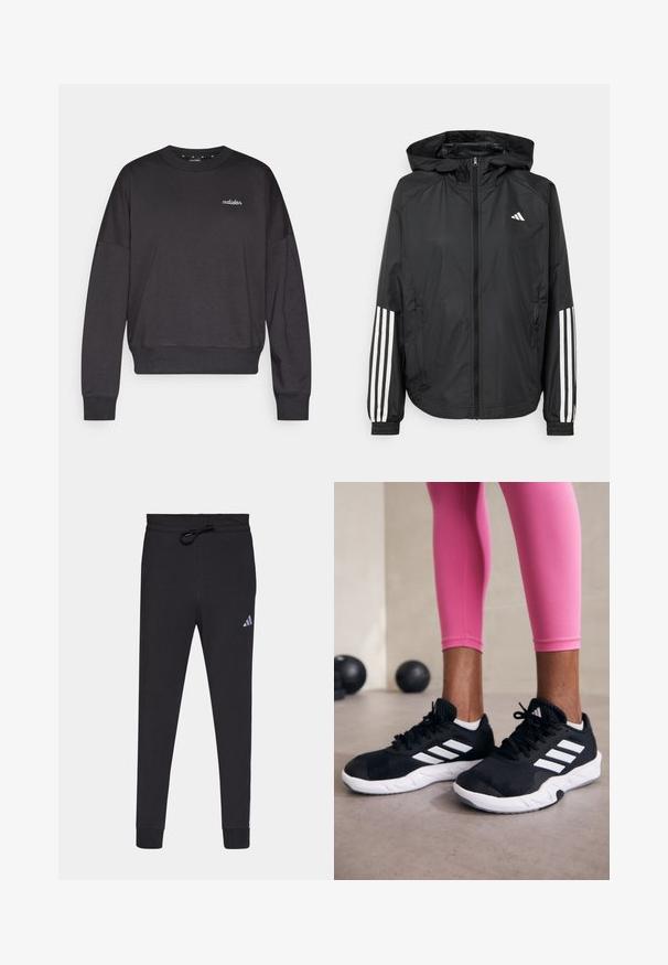 Black lightweight jacket with a hood, featuring a full zip front, elastic cuffs, and white three-stripe accents on sleeves.; Dark gray sweatshirt made of cotton blend, featuring a round neckline, long sleeves, and the "adidas" logo embroidered on the chest.; Black athletic pants made of soft fabric, featuring a drawstring waist, tapered legs, and a small white Adidas logo on the left thigh.; Black athletic shoes with white stripes, textured mesh upper, and a white sole. Worn with pink leggings, showcasing training apparel.