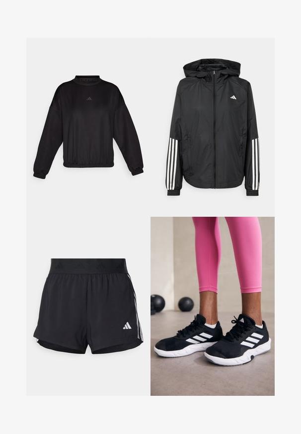 Černá lehká bunda s kapucí, která má plný zip vpředu, elastické manžety a bílé třípruhové akcenty na rukávech.; Černá mikina s dlouhým rukávem a vysokým límcem, má elastické manžety a lem, vyrobena z hladkého materiálu, zdobená nenápadným logem na hrudi.; Černé sportovní šortky s elastickým pasem, s texturovaným páskem, bočními pruhy a bílým logem Adidas na dolním lemu.; Černé sportovní boty s bílými pruhy, texturovaný síťovinový svršek a bílá podrážka. Nosené s růžovými legínami, které předvádějí tréninkové oblečení.