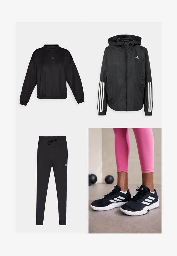 Giacca leggera nera con cappuccio, caratterizzata da una zip frontale completa, polsini elastici e accenti bianchi a tre strisce sulle maniche.; Felpa nera a maniche lunghe con un collo alto, presenta polsini e orlo elasticizzati, realizzata in un tessuto liscio, decorata con un logo discreto sul petto.; Pantaloni sportivi neri in tessuto morbido, con vita regolabile con coulisse, gambe affusolate e un piccolo logo Adidas bianco sulla coscia sinistra.; Scarpe da ginnastica nere con strisce bianche, parte superiore in mesh testurizzato e suola bianca. Indossate con leggings rosa, a mostrare abbigliamento per l'allenamento.