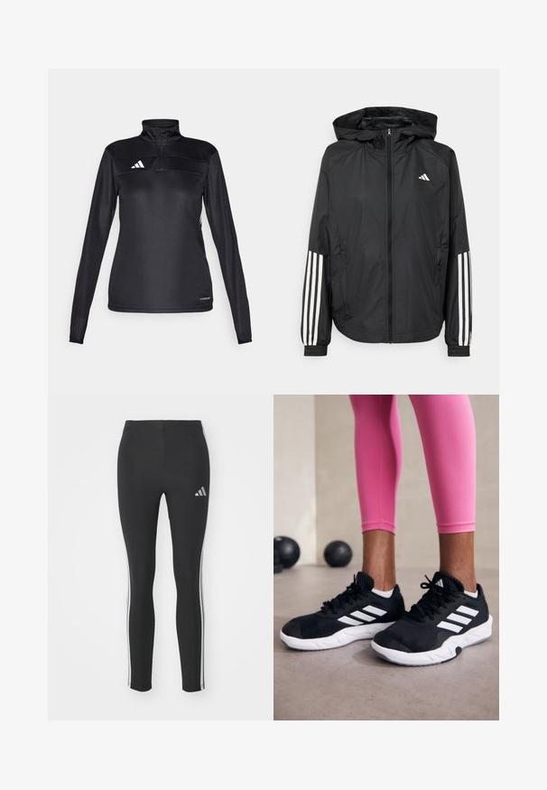 Sort letvægtsjakke med hætte, der har fuld lynlås fortil, elastiske manchetter og hvide tre-stribede detaljer på ærmerne.; Sort atletisk pullover med halvlynlås, lange ærmer, hvidt logo på brystet og tekstureret stof for åndbarhed.; Sorte leggings lavet af strækbar materiale med hvide sidelister og en lille reflekslogo på den øverste venstre side.; Sorte sportssko med hvide striber, tekstureret mesh-overdel og en hvid sål. Bæres med pink leggings, der fremhæver træningstøj.