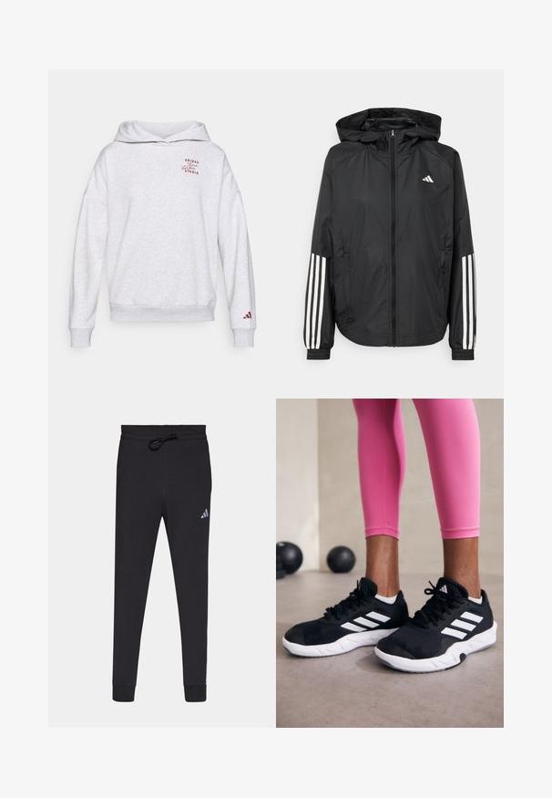 Black lightweight jacket with a hood, featuring a full zip front, elastic cuffs, and white three-stripe accents on sleeves.; Gray hooded sweatshirt with a relaxed fit, featuring a red logo graphic on the chest and a small red accent on the left sleeve.; Black athletic pants made of soft fabric, featuring a drawstring waist, tapered legs, and a small white Adidas logo on the left thigh.; Black athletic shoes with white stripes, textured mesh upper, and a white sole. Worn with pink leggings, showcasing training apparel.