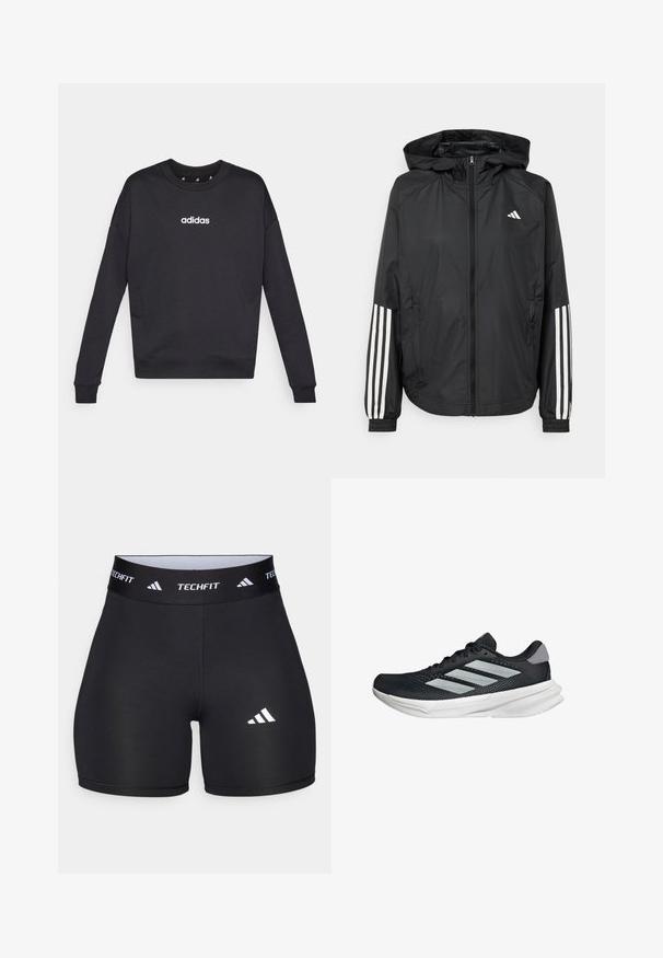 Chaqueta ligera negra con capucha, que cuenta con un cierre frontal de cremallera completa, puños elásticos y acentos blancos de tres rayas en las mangas.; Sudadera negra de Adidas con mangas largas, cuello redondo y logo blanco en el pecho. Fabricada en tejido suave con puños y dobladillo de canalé.; Pantalones cortos negros hechos de una tela elástica con un diseño ajustado. Cuentan con una cintura ancha negra etiquetada como "TECHFIT" y un logo blanco en la pierna.; Zapatilla de correr negra con parte superior de malla, tres franjas plateadas, media suela blanca y suela texturizada. Incluye un cuello acolchado y cierre de cordones.