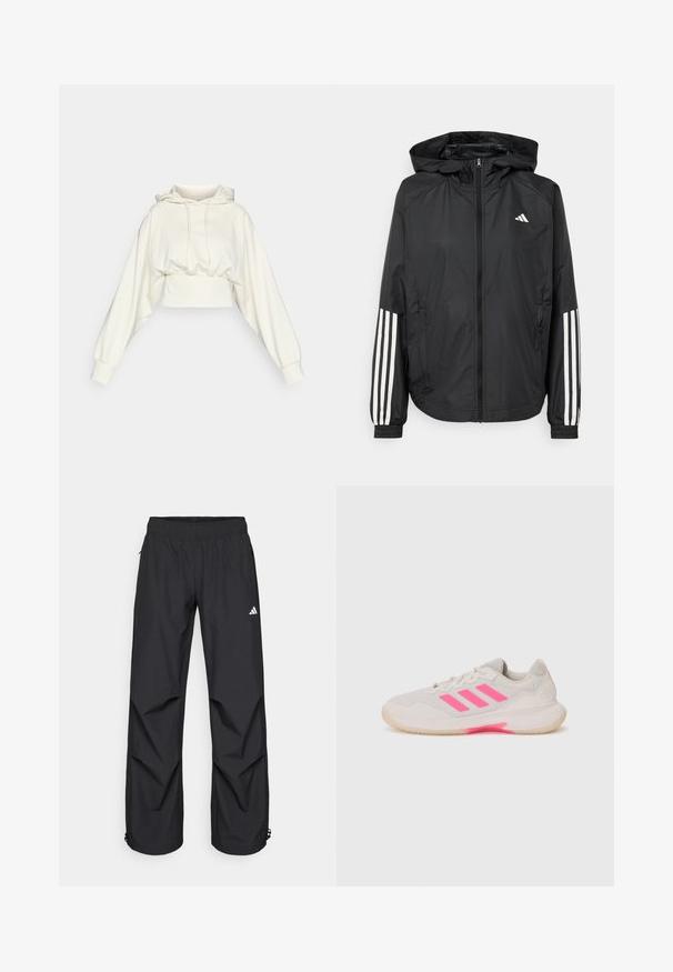 Czarna, lekka kurtka z kapturem, z pełnym zapięciem na zamek, elastycznymi mankietami i białymi, trzema paskami na rękawach.; Skorotowana bluza z miękkiej białej tkaniny, z długimi, obszernymi rękawami i kapturem ze sznurkiem. Posiada dopasowany, marszczony pasek w talii.; Czarne, lekkie, wodoodporne spodnie z elastycznym pasem, bocznymi kieszeniami i regulowanymi mankietami. Posiadają białe logo na lewej udzie.; Jasnoszare buty sportowe z różowymi akcentami i trzema paskami. Posiadają siateczkową cholewkę, wyłożony podbicie oraz gumową podeszwę z dobrą przyczepnością.