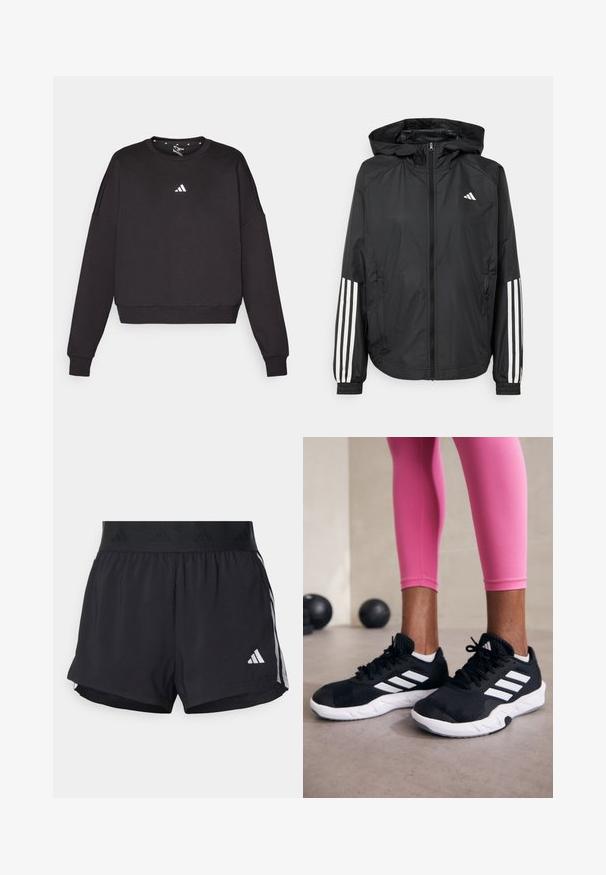 Zwarte lichtgewicht jas met een capuchon, met een volledige ritssluiting aan de voorkant, elastische manchetten en witte accenten met drie strepen op de mouwen.; Zwarte sweatshirt met lange mouwen, ronde hals en cropped zoom. Kenmerkt zich door een klein wit Adidas-logo op de borst. Zacht materiaal.; Zwarte sportshorts met een elastische tailleband, voorzien van een gestructureerde band, zijstrepen en een wit Adidas-logo op de onderrand.; Zwarte sportschoenen met witte strepen, structuur-mesh bovenwerk en een witte zool. Draagt bij roze leggings, die trainin gskleding laten zien.