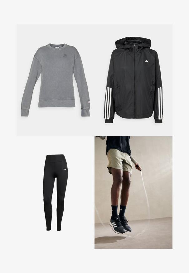 Schwarze, leichte Jacke mit Kapuze, die einen durchgehenden Reißverschluss, elastische Bündchen und weiße dreistreifige Akzente an den Ärmeln aufweist.; Grauer, gerippter Sweatshirt mit langen Ärmeln, rundem Halsausschnitt und Logo auf der Brust. Mit Bündchen und Saum in glatter Ausführung.; Schwarze Sportleggings mit hohem Bund. Aus dehnbarem Stoff gefertigt, mit einem weißen Logodetail auf der oberen linken Seite.; Schwarze Sportschuhe mit weißen Streifen, olivgrüne Shorts und marineblaue Socken. Ein Springseil befindet sich in den Händen der Person. Neutraler Hintergrund.