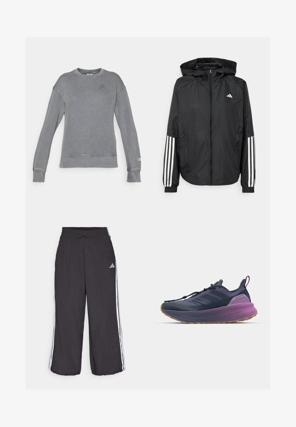 Black lightweight jacket with a hood, featuring a full zip front, elastic cuffs, and white three-stripe accents on sleeves.; Gray ribbed sweatshirt with long sleeves, round neckline, and logo on the chest. Features cuffs and hem with a smooth finish.; Black track pants with an elastic waistband, featuring white side stripes and subtle branding on the upper left leg. Lightweight material.; adidas Performance ULTRABOOST 5 - Road running shoes - shadow navy/legend ink/preloved purple