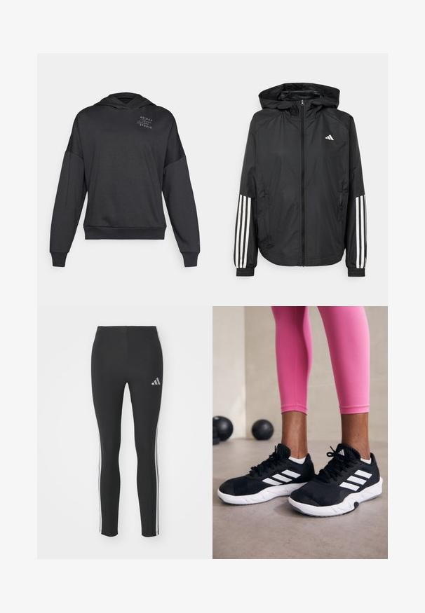 Juodas lengvas džemperis su gobtuvu, turi pilną užtrauktuką priekyje, elastingas rankovių gumytes ir baltus tris juostų akcentus ant rankovių.; Pilkas džemperis su kapišonu, kurį galima suveržti raišteliu, ilgomis rankovėmis, ribotais rankogaliais ir apačia. Priekyje, kairėje krūtinės pusėje, yra mažas baltas tekstinis logotipas.; Juodų leggingsų, pagamintų iš tamprios medžiagos, su baltomis šoninėmis juostelėmis ir mažuoju atspindinčiu logotipu kairiajame viršutiniame kampe.; Juodi sportiniai bateliai su baltais dryžiais, tekstūruota tinklinė viršutinė dalis ir balti padai. Dėvimi su rožiniais leggingais, demonstruojant treniruočių aprangą.