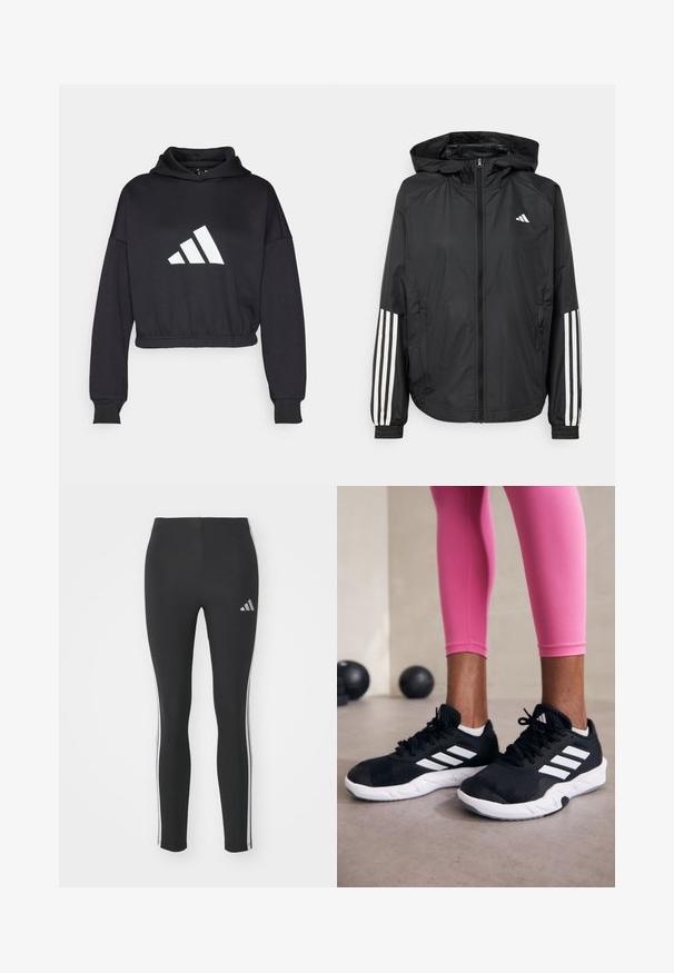 Μαύρο ελαφρύ μπουφάν με κουκούλα, με πλήρη φερμουάρ μπροστά, ελαστικούς καρπούς και λευκές τριπλές ρίγες στα μανίκια.; Μαύρο κοντό φούτερ με μακριά μανίκια, φτιαγμένο από μαλακό υλικό. Διαθέτει έντονο λευκό λογότυπο Adidas μπροστά και ριμπ μανσέτες.; Μαύρο κολάν από ελαστικό υλικό με άσπρες πλαϊνές ρίγες και ένα μικρό ανακλαστικό λογότυπο στην επάνω αριστερή πλευρά.; Μαύρα αθλητικά παπούτσια με λευκές ρίγες, με επάνω μέρος από υφαντό πλέγμα και λευκή σόλα. Φορεμένα με ροζ κολάν, επιδεικνύοντας ρουχισμό προπόνησης.