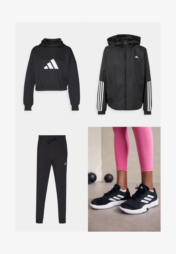 Černá lehká bunda s kapucí, která má plný zip vpředu, elastické manžety a bílé třípruhové akcenty na rukávech.; Černá zkrácená mikina s dlouhými rukávy, vyrobená z měkkého materiálu. Obsahuje výrazné bílé logo Adidas na přední straně a žebrované manžety.; Černé sportovní kalhoty vyrobené z jemné tkaniny, s elastickým pasem na šňůrku, zúženými nohavicemi a malým bílým logem Adidas na levém stehně.; Černé sportovní boty s bílými pruhy, texturovaný síťovinový svršek a bílá podrážka. Nosené s růžovými legínami, které předvádějí tréninkové oblečení.