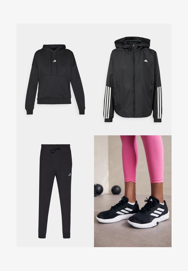 Casaco leve preto com capuz, apresentando um fecho de correr na frente, punhos elásticos e detalhes em branco com três riscas nas mangas.; Sweatshirt preto com capuz e bolso frontal, apresentando um pequeno logótipo branco da Adidas. Feito de um tecido macio, com punhos e barra canelados.; Calças atléticas pretas feitas de tecido macio, com uma cintura ajustável por cordão, pernas afuniladas e um pequeno logótipo branco da Adidas na coxa esquerda.; Sapatos de treino pretos com riscas brancas, parte superior em malha texturizada e sola branca. Usados com leggings cor-de-rosa, destacando roupa de treino.