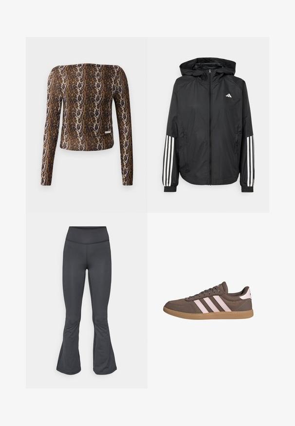 Giacca leggera nera con cappuccio, caratterizzata da una zip frontale completa, polsini elastici e accenti bianchi a tre strisce sulle maniche.; Top corto a maniche lunghe in stampa leopardata, con una texture morbida, palette di colori marrone e nero, e un sottile logo accentuato all'orlo.; Leggings grigi con un design a palazzo, realizzati in materiale morbido ed elasticizzato, con vita alta e costruzione senza cuciture.; Sneakers basse in suede marrone con tre strisce rosa, suola in gomma color caffè e colletto imbottito. Presentano il logo sulla linguetta e sul tallone.