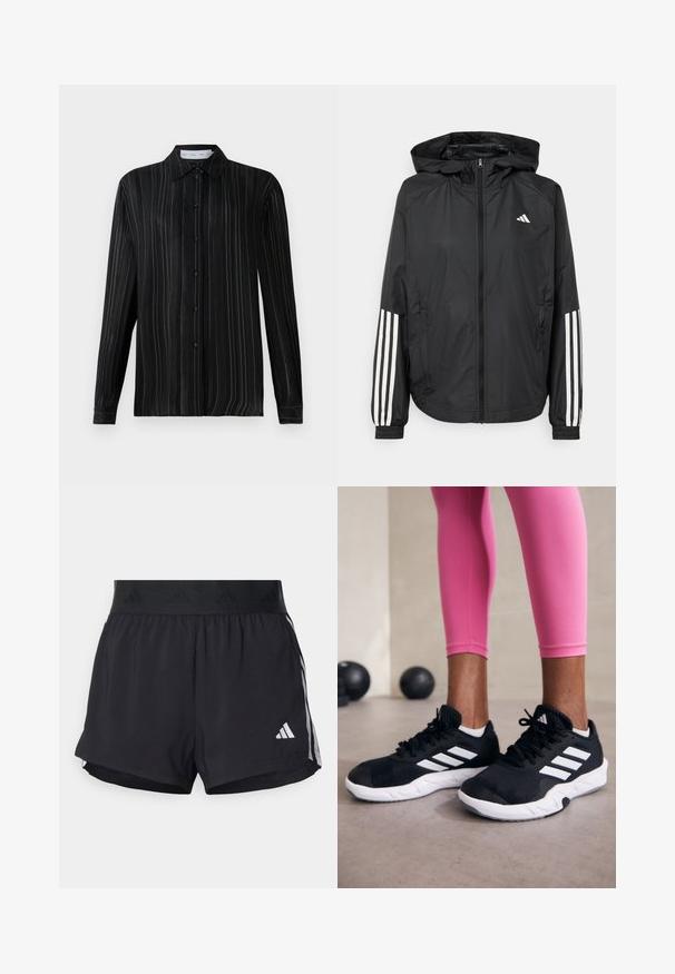 Casaco leve preto com capuz, apresentando um fecho de correr na frente, punhos elásticos e detalhes em branco com três riscas nas mangas.; Camisa preta de manga longa, abotoada, com finas riscas verticais brancas e colarinho clássico, exibida sobre um fundo branco liso.; Calções de atletismo pretos com um cós elástico, apresentando uma faixa texturizada, riscas laterais e um logo branco da Adidas na bainha inferior.; Sapatos de treino pretos com riscas brancas, parte superior em malha texturizada e sola branca. Usados com leggings cor-de-rosa, destacando roupa de treino.