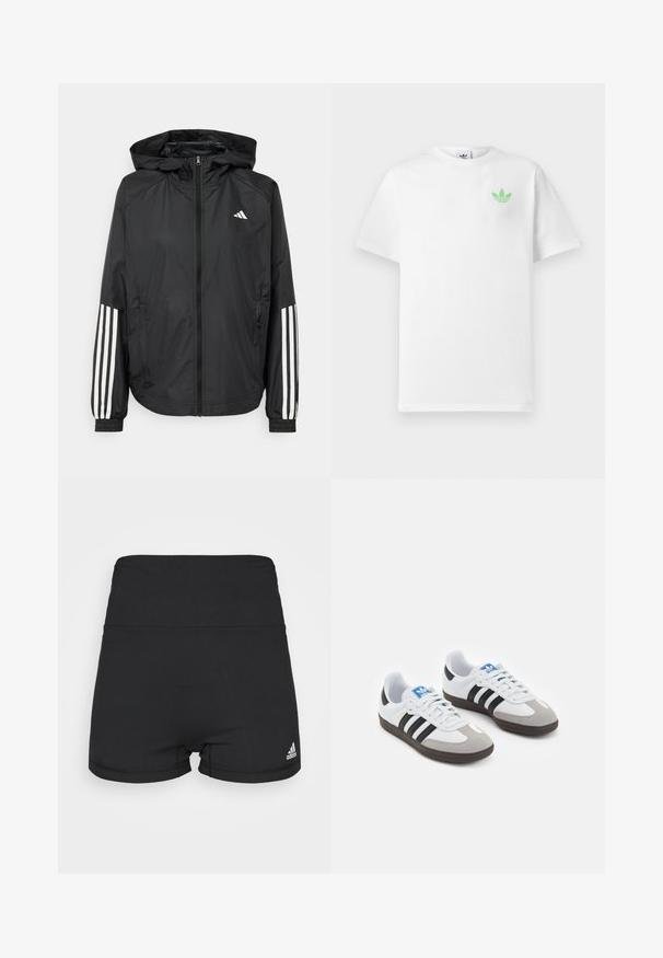 Čierna ľahká bunda s kapucňou, s celoprsným zipsom, elastickými manžetami a bielymi trojprúžkovými akcentmi na rukávoch.; Biele tričko z bavlny s krátkymi rukávmi, s malým zeleným logom Adidas na ľavej hrudi. Jednoduchý, klasický dizajn s okrúhlym výstrihom.; Čierne šortky z elastického materiálu, s vysokým pásom a malým logom Adidas na pravom dolnom rohu. Hladká textúra, priliehavý strih.; Športové topánky s bielym koženým zvrškom, šedou semišovou špičkou a tromi čiernymi pruhmi. Obsahujú modré logo na jazyku a štruktúrovanú gumovú podrážku.
