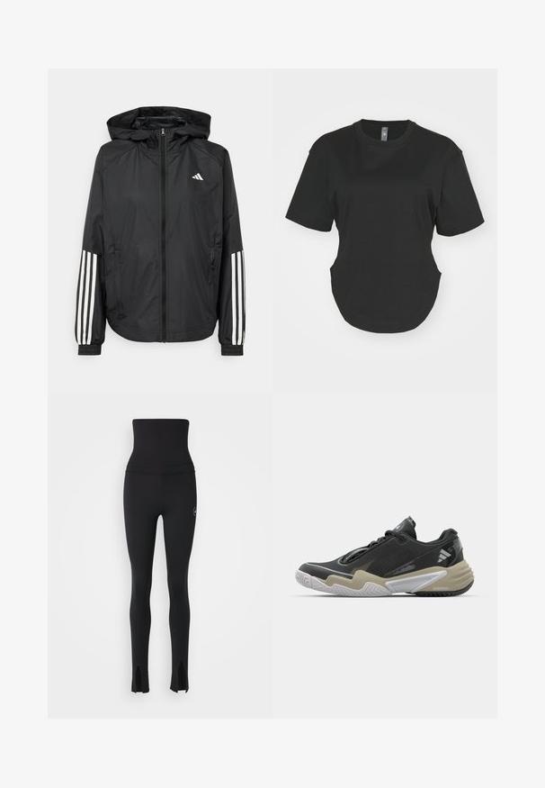 Črna lahka jakna s kapuco, z polnim zadrgo spredaj, elastikami na zapestjih in belimi tridelnimi poudarki na rokavih.; Črna kratkotrajna majica z okroglim izrezom, izdelana iz bombaža. Okrogla ovratnica s ukrivljenim robom in stranskimi razpoki. Gladka tekstura, sproščen kroj.; adidas by Stella McCartney Pajkice - black; Črne in bež športne čevlje z teksturirano zgornjico, izrazitim dizajnom podplata, odsevni detajli in sistem vezalke. Lahka konstrukcija.