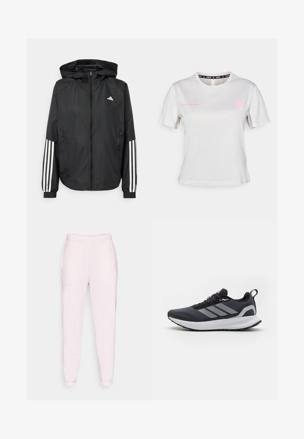 Juodas lengvas džemperis su gobtuvu, turi pilną užtrauktuką priekyje, elastingas rankovių gumytes ir baltus tris juostų akcentus ant rankovių.; Šviesiai pilkas trumpas rankovės marškinėliai su apvalia iškirpte, su spausdintu tekstu "ADIDAS RUNNING" rožinės spalvos, rožinis Adidas logotipas ant krūtinės. Minkšta audinio tekstūra.; Šviesiai rožinės sportinės kelnės su raišteliu liemeniui, šoninėmis kišenėmis ir elastinėmis rankovėmis. Pagamintos iš minkštos, tamprios medžiagos.; Juodos sportinės bateliai su tinklinio audinio viršumi, balta tarpine, tekstūruotu guminiu padu ir trimis pilkomis juostelėmis šone. Yra raišteliai ir kilpa.