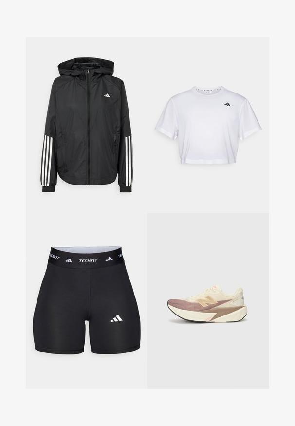 Veste légère noire avec capuche, dotée d'une fermeture à glissière intégrale, de poignets élastiques et d'accents blancs à trois rayures sur les manches.; T-shirt blanc court en tissu doux, avec des manches courtes et un col rond. Logo noir sur la poitrine gauche.; Shorts noirs en tissu extensible avec un design ajusté. Dotés d'une large ceinture noire portant l'étiquette "TECHFIT" et d'un logo blanc sur la jambe.; Chaussure de course avec un dessus crème, des accents roses et des détails gris. Présente une semelle épaisse avec une surface texturée et un logo proéminent.