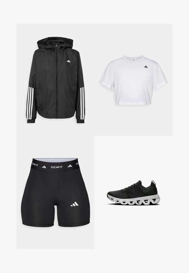 Crna lagana jakna s kapuljačom, s punim zdravo zatvaranjem, elastičnim manžetama i bijelim trostrukim trakama na rukavima.; Bijela skraćena majica od mekog materijala, s kratkim rukavima i okruglim izrezom. Crni logo na lijevoj strani prsnog koša.; Crne kratke hlače izrađene od rastezljive tkanine s prilagođenim dizajnom. Imaju široki crni pojas sa oznakom "TECHFIT" i bijeli logo na nozi.; Sportske cipele od crne mrežaste tkanine s teksturiranom površinom, s debelim bijelim valovitim potplatima i crnim akcentima. Šnure i tab na peti uključeni.