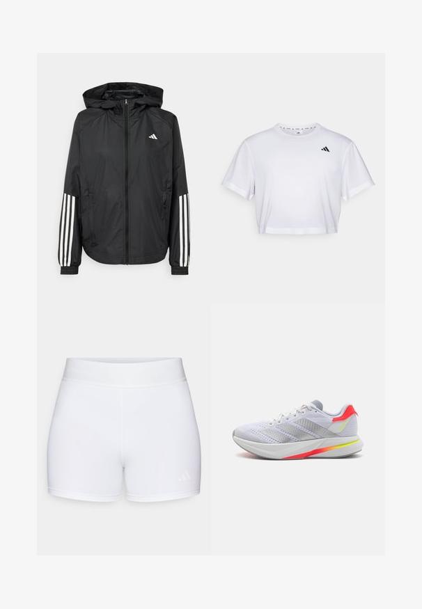 Giacca leggera nera con cappuccio, caratterizzata da una zip frontale completa, polsini elastici e accenti bianchi a tre strisce sulle maniche.; T-shirt bianco cropped realizzato in tessuto morbido, con maniche corte e scollo rotondo. Logo nero sul lato sinistro del petto.; Pantaloni sportivi bianchi con una texture liscia, cintura elastica con logo in rilievo e design minimalista.; Scarpa atletica bianca con tomaia in rete, dettagli grigi, strisce riflettenti e suola con gradiente arancione-giallo brillante. Presenta una intersuola ammortizzata.