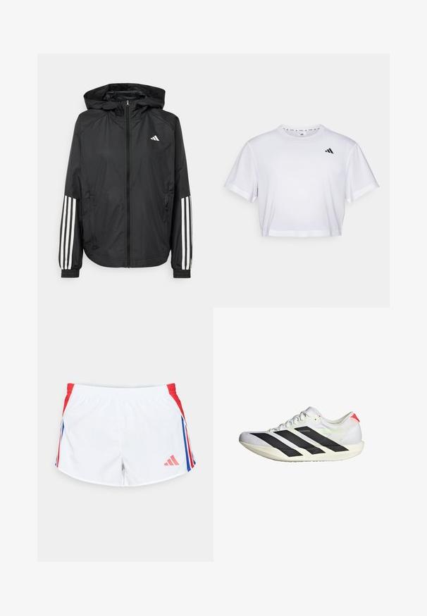 Black lightweight jacket with a hood, featuring a full zip front, elastic cuffs, and white three-stripe accents on sleeves.; White cropped t-shirt made from soft fabric, featuring short sleeves and a round neckline. Black logo on the left chest.; White sports shorts with red side panels featuring blue stripes. Elastic waistband and logo on the lower left side. Smooth fabric texture.; White running shoe with black stripes, textured mesh upper, flat sole, and reflective accents. Features a streamlined design and lace-up closure.