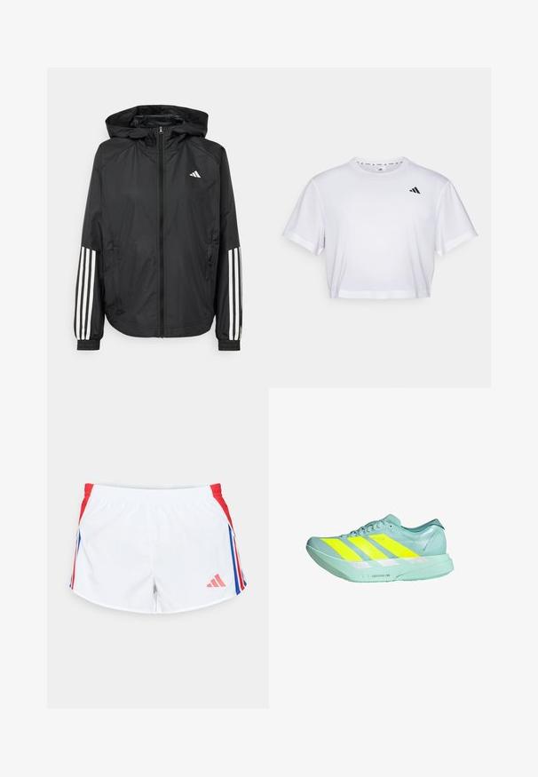 Čierna ľahká bunda s kapucňou, s celoprsným zipsom, elastickými manžetami a bielymi trojprúžkovými akcentmi na rukávoch.; Biely skrátený tričko vyrobené z mäkkého materiálu, s krátkymi rukávmi a okrúhlym výstrihom. Čierne logo na ľavej hrudi.; Biele športové šortky s červenými bočnými panelmi a modrými pruhmi. Elastický pás a logo na dolnej ľavej strane. Hladký textilný povrch.; Ľahká bežecká obuv v mentolovej farbe s tromi výraznými žltými pruhmi. Má hladký povrch, reflexné akcenty a polstrovanú podrážku.