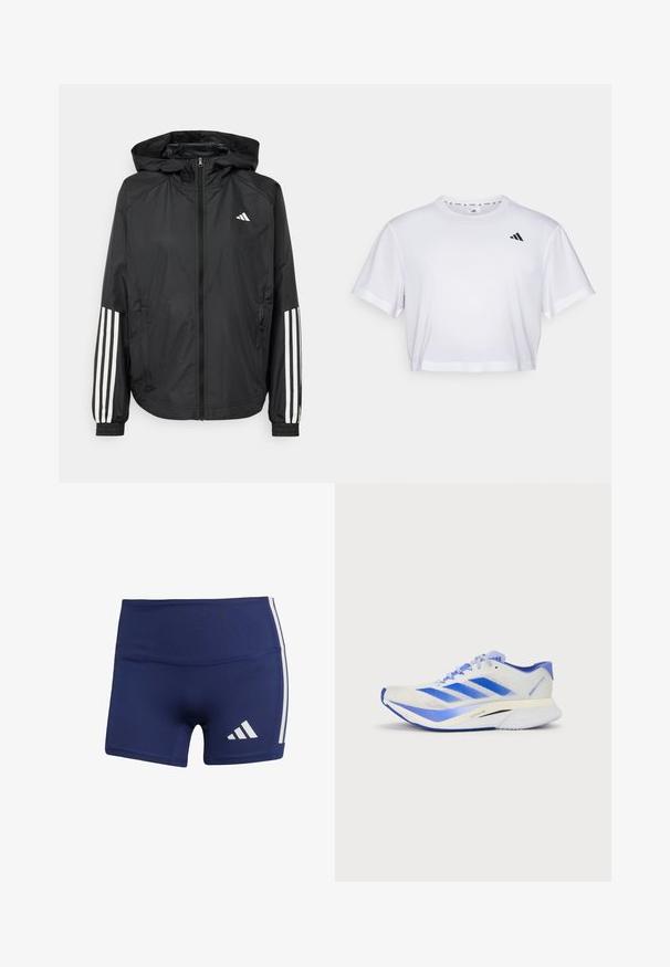 Veste légère noire avec capuche, dotée d'une fermeture à glissière intégrale, de poignets élastiques et d'accents blancs à trois rayures sur les manches.; T-shirt blanc court en tissu doux, avec des manches courtes et un col rond. Logo noir sur la poitrine gauche.; Shorts de sport bleu marine à coupe près du corps, en tissu lisse, avec des rayures blanches sur les côtés et un logo en bas à gauche.; Chaussure de course légère en maille blanche avec des accents bleus. Présente un design épuré, une semelle rembourrée et trois rayures diagonales bleues sur le côté.