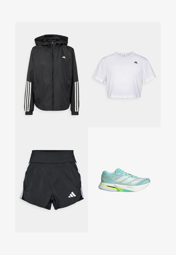 Veste légère noire avec capuche, dotée d'une fermeture à glissière intégrale, de poignets élastiques et d'accents blancs à trois rayures sur les manches.; T-shirt blanc court en tissu doux, avec des manches courtes et un col rond. Logo noir sur la poitrine gauche.; Shorts de sport noirs en matériau léger, avec une large taille élastique, des bandes blanches sur les côtés et un petit logo blanc en bas de l'ourlet.; Chaussure de course légère en vert menthe et blanc, avec une tige en maille et une semelle flexible. Elle présente trois rayures et un contre-pointe texturé.