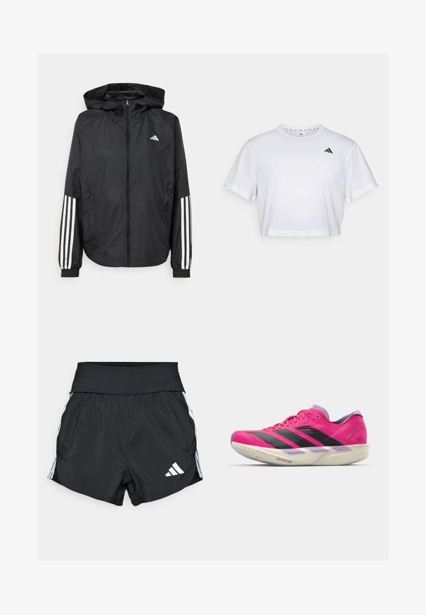 Mustikas kerge jope kapuutsiga, eesmise täispika zipiga, elastsete varrukate ja valgete kolme triibu aktsentidega varrukatel.; Valge lühikeste varrukatega krobitud t-särk, mis on valmistatud pehmest kangast ja millel on ümmargune kaelus. Vasakul rinnal must logo.; Mustad mustad lühikesed püksid, mis on valmistatud kergest materjalist, laia vöökoha, valgete külgtriipude ja väikese valge logoga alumises servas.; Roosa jooksujalats mustade triipudega ja lilla aktsentidega. Kerge disain, sile tekstuur ning pehme, kujundatud talla toetuseks.