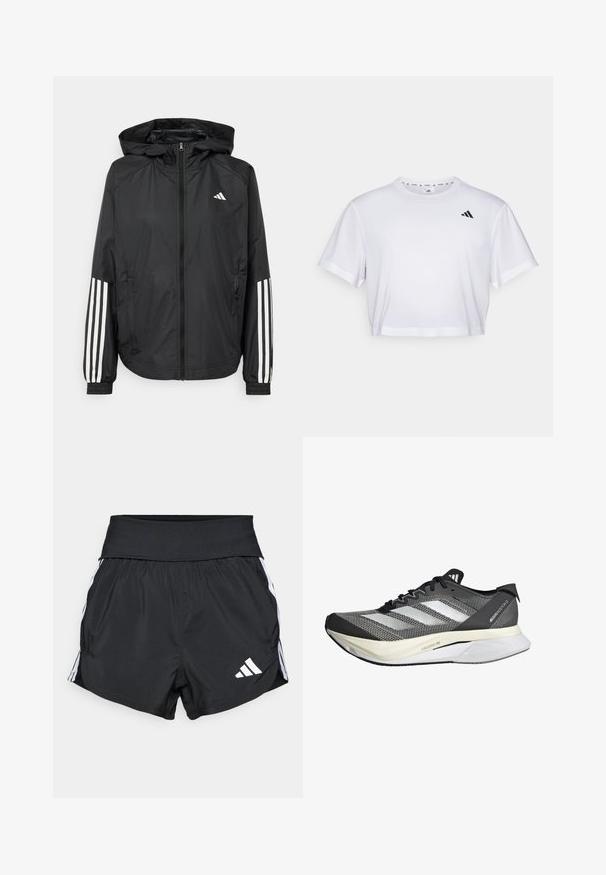 Crna lagana jakna s kapuljačom, s punim zdravo zatvaranjem, elastičnim manžetama i bijelim trostrukim trakama na rukavima.; Bijela skraćena majica od mekog materijala, s kratkim rukavima i okruglim izrezom. Crni logo na lijevoj strani prsnog koša.; Crne atletske kratke hlače od laganog materijala, s širokim pojasom, bijelim bočnim trakama i malim bijelim logotipom na donjem rubu.; Crno-bijela trkaća cipela s pletenim gornjim dijelom, tri bočna pruga, lagani đon i teksturirani detalji na mrežici.