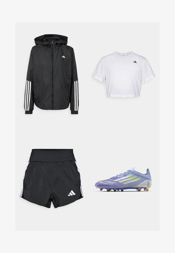 Sort letvægtsjakke med hætte, der har fuld lynlås fortil, elastiske manchetter og hvide tre-stribede detaljer på ærmerne.; Hvid crop top lavet af blødt stof, med korte ærmer og rund halsudskæring. Sort logo på venstre bryst.; Sorte atletiske shorts lavet af letvægtsmateriale, med en bred talje, hvide sidelister og et lille hvidt logo nederst på sømmen.; Lys lilla fodboldstøvle med iriserende detaljer, tekstureret mønster på overdelen, seks sorte pløkker, og tre hvide striber på siden.