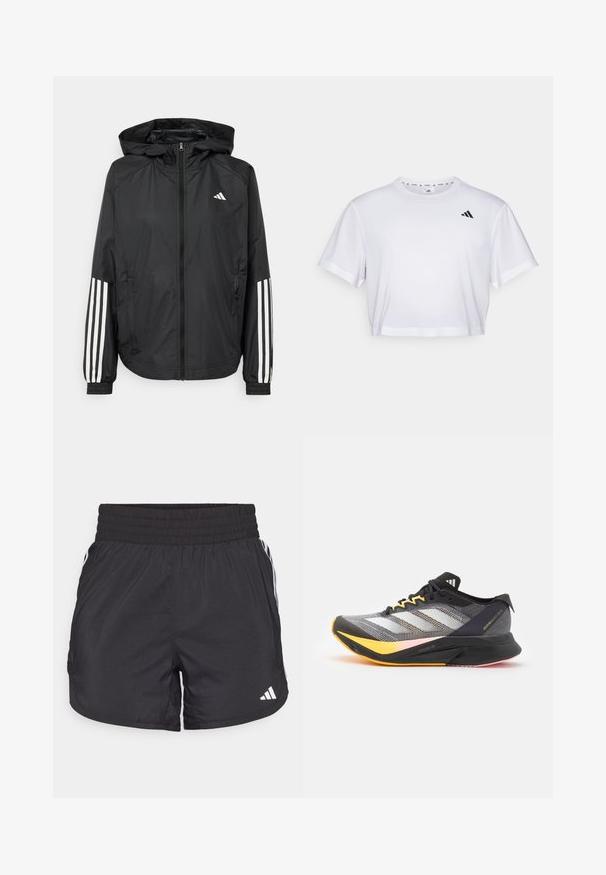Juodas lengvas džemperis su gobtuvu, turi pilną užtrauktuką priekyje, elastingas rankovių gumytes ir baltus tris juostų akcentus ant rankovių.; Balta trumpa marškinėliai, pagaminti iš švelnios medžiagos, su trumpomis rankovėmis ir apvaliu iškirpimu. Juodas logotipas kairėje krūtinės pusėje.; Juodos sportinės šortai su elastingu juosmeniu, šoninėmis kišenėmis ir baltais juostelėmis šonuose. Pagaminti iš lengvos medžiagos.; adidas Performance ADIZERO BOSTON 12 - Bėgimo batai plentui - core black/zero metallic/spark