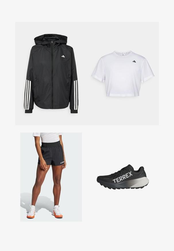 Schwarze, leichte Jacke mit Kapuze, die einen durchgehenden Reißverschluss, elastische Bündchen und weiße dreistreifige Akzente an den Ärmeln aufweist.; Weißes, kurzes T-Shirt aus weichem Stoff, mit kurzen Ärmeln und rundem Ausschnitt. Schwarzes Logo auf der linken Brust.; Schwarze Sportshorts mit breitem Bund, auf dem der Text "TERREX" und das Adidas-Logo zu sehen sind. Kombiniert mit weißen Schuhen mit orangefarbenen Akzenten.; Schwarzer Laufschuh mit strukturiertem Obermaterial, auffälligem weißen "TERREX"-Logo, konischer Sohlenform und einem Farbverlauf in Grau an der Ferse.