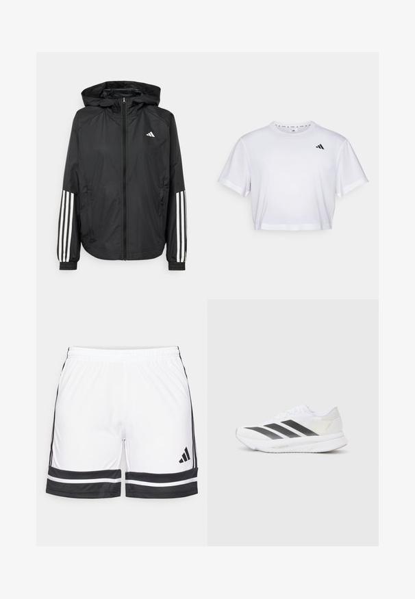 Mustikas kerge jope kapuutsiga, eesmise täispika zipiga, elastsete varrukate ja valgete kolme triibu aktsentidega varrukatel.; Valge lühikeste varrukatega krobitud t-särk, mis on valmistatud pehmest kangast ja millel on ümmargune kaelus. Vasakul rinnal must logo.; Valged spordilühikesed püksid mustade aktsentidega, millel on veniv vöökohus ja kontrastsed mustad triibud ääres ja külgedel.; Valged sportlikud jalanõud mustade diagonaalsete triipudega, võrkkattega, ümarate varvastega ja tekstuurse tallaga. Aktsentideks on hõbedane kand ja minimalistlik disain.