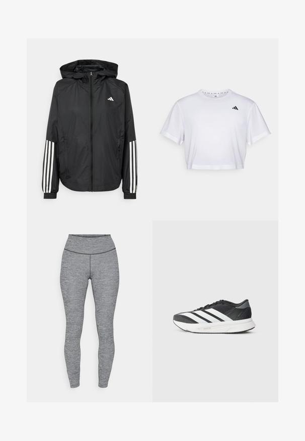 Čierna ľahká bunda s kapucňou, s celoprsným zipsom, elastickými manžetami a bielymi trojprúžkovými akcentmi na rukávoch.; Biely skrátený tričko vyrobené z mäkkého materiálu, s krátkymi rukávmi a okrúhlym výstrihom. Čierne logo na ľavej hrudi.; Šedé legíny s vysokým pásom vyrobené z textúrovanej látky. Navrhnuté pre priliehavý strih, s bezšvovým pásom a bez viditeľných prvkov.; Čierna športová obuv s bielymi pruhmi, priedušný zvršok, mäkčená podrážka a elegantný dizajn. Na päte a jazyku sú akcenty sivej farby.