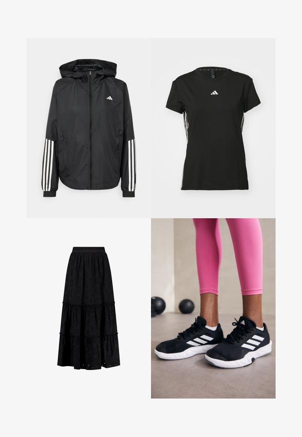 Črna lahka jakna s kapuco, z polnim zadrgo spredaj, elastikami na zapestjih in belimi tridelnimi poudarki na rokavih.; Črna atletska majica s kratkimi rokavi, izdelana iz sintetičnega materiala. Ima majhen bel logotip na prsih in bele črte ob straneh.; Shiwi GIGI EMBRODERIE - Dolgo krilo - broderie black; Črne športne čevlje z belimi črtami, teksturirano mrežasto zgornjišče in belo podplat. Obuti z roza legginsom, ki prikazujejo športno obleko.