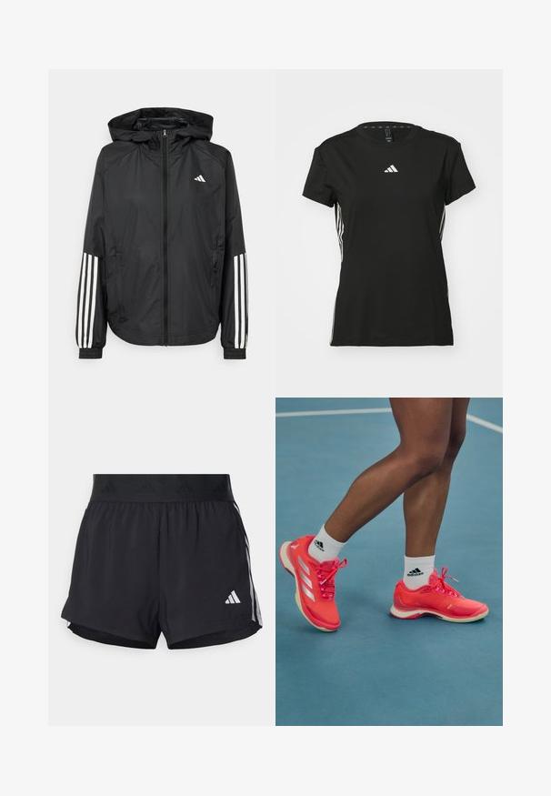 Black lightweight jacket with a hood, featuring a full zip front, elastic cuffs, and white three-stripe accents on sleeves.; Black athletic t-shirt with short sleeves, made of synthetic material. Features a small white logo on the chest and white stripes on the sides.; Black athletic shorts with an elastic waistband, featuring a textured band, side stripes, and a white Adidas logo on the lower hem.; Bright pink athletic shoes with white accents and laces, featuring a smooth texture and a rubber sole, worn with white Adidas socks.