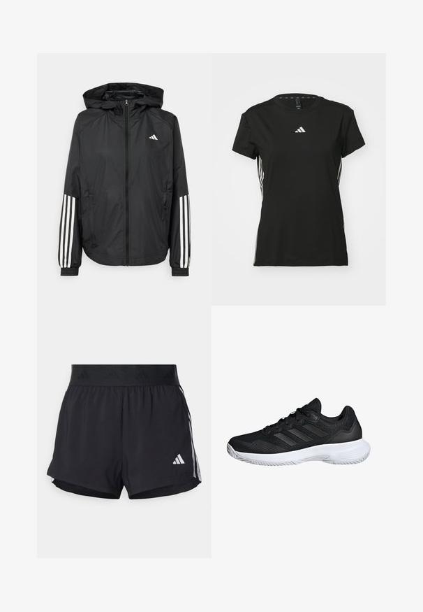 Jachetă ușoară neagră cu glugă, cu fermoar pe întreaga lungime, manșete elastice și accente albe cu trei dungi pe mâneci.; Tricou athletic negru cu mâneci scurte, fabricat dintr-un material sintetic. Prezintă un mic logo alb pe piept și dungi albe pe laterale.; Shorts de atletism negri cu un brâu elastic, având o bandă texturată, dungi laterale și un logo alb Adidas pe tivul de jos.; Pantof de sport negru cu plasă superioară, accente din piele sintetică, șireturi plate și talpă din cauciuc albă cu un model texturat pentru aderență.